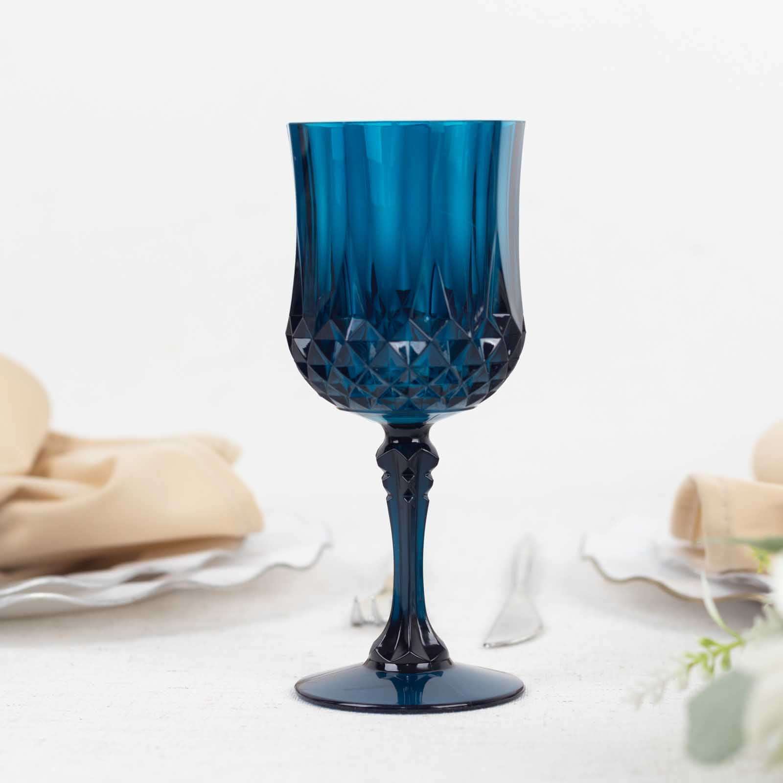 6-Pack Transparent Plastic Crystal Cut Wine Glasses 8oz, Navy Blue - Shatterproof Cocktail Goblets